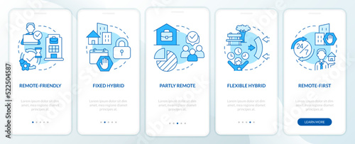 Hybrid work models blue onboarding mobile app screen. Workplace walkthrough 5 steps editable graphic instructions with linear concepts. UI, UX, GUI template. Myriad Pro-Bold, Regular fonts used