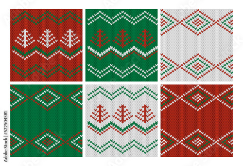 Red and green Christmas digital paper design. Vector xmas scandinavian pattern set. Seamless holiday ornament for card, poster, invitation or wallpaper print