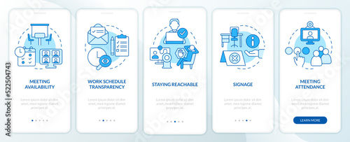 Work locations and schedules blue onboarding mobile app screen. Walkthrough 5 steps editable graphic instructions with linear concepts. UI, UX, GUI template. Myriad Pro-Bold, Regular fonts used