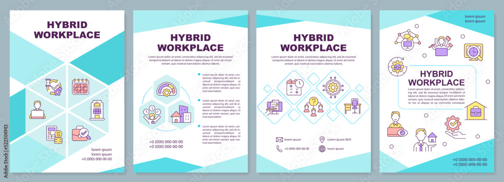 Hybrid workplace mint blue brochure template. Work schedule. Leaflet design with linear icons. Editable 4 vector layouts for presentation, annual reports. Arial-Black, Myriad Pro-Regular fonts used