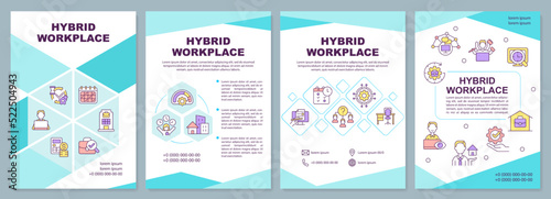 Hybrid workplace mint blue brochure template. Work schedule. Leaflet design with linear icons. Editable 4 vector layouts for presentation, annual reports. Arial-Black, Myriad Pro-Regular fonts used