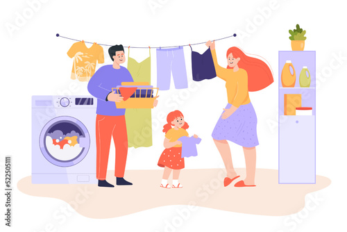 Family with kid doing laundry together flat vector illustration. Happy father, mother and little daughter hanging out washing, helping each other. Cleaning, housekeeping, hygiene concept