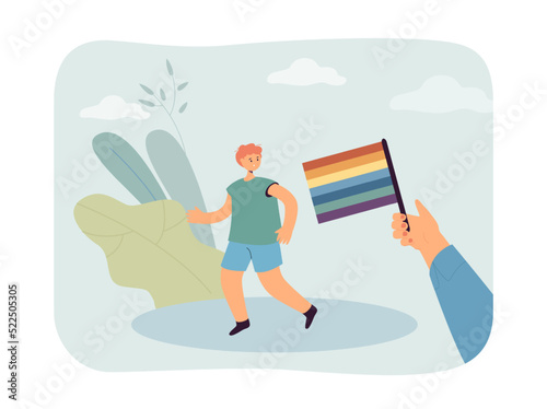 Cartoon boy running away from hand holding rainbow flag. Scared child looking at pride flag flat vector illustration. LGBT community  peace  support concept for banner  website design or landing page