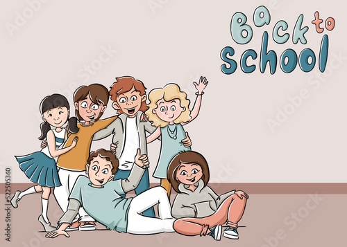 Banner with group of students come back to school. Friends happy to see each other. Hugs and smiles. College and university classmates. Diversity in education. Doodle illustration in cartoon style.