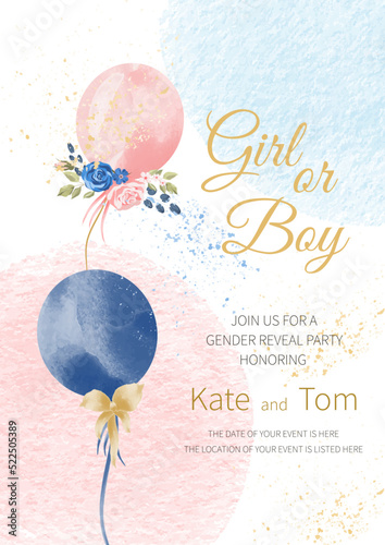 Gender reveal party invitation. boy or girl. watercolor pink and blue balloons with flowers and ribbons. Banner and poster, background with balloons on the ribbon. Vector illustration