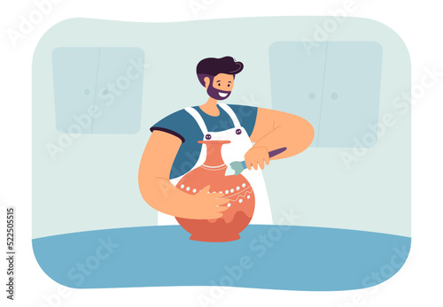 Happy man in apron painting ornament on vase. Male character with brush and ceramic pot in workshop or studio flat vector illustration. Pottery, hobby concept for banner or landing web page
