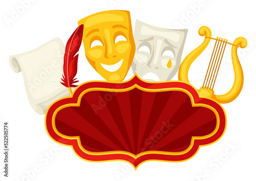 Background with traditional theatre symbols. Illustration for theatrical performance.