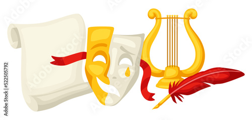 Background with traditional theatre symbols. Illustration for theatrical performance.
