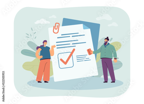 Happy man with credit card getting loan from bank. Document or contract with check in checkbox flat vector illustration. Banking, agreement concept for banner, website design or landing web page