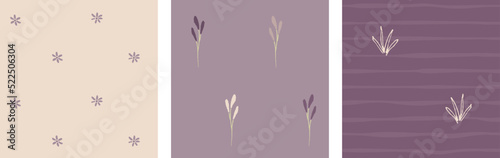 Set of soft purple patterns with ditsy flowers, Vector seamless backgrounds with hand drawn elements. For fabrics, clothing, holidays, packaging paper, decoration.