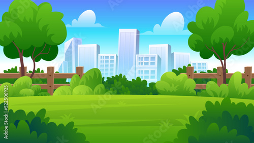 Summer City park scenery landscape, urban garden for walking and recreation with street, green lawn, trees and skyscraper buildings