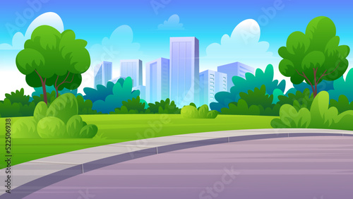Scenery urban garden landscape with street, green lawn, trees and skyscraper buildings cartoon illustration