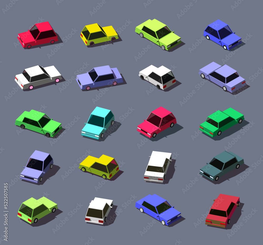 Isometric cars set. Low-poly style with shadows. Urban transport. Colorful cars. Vector illustration.