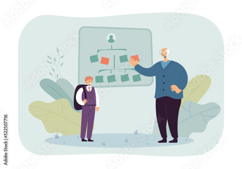 Elderly teacher showing schoolboy family tree on blackboard. Student looking at scheme with family relations and relatives flat vector illustration. Education, family concept for banner