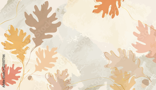Fototapeta Naklejka Na Ścianę i Meble -  Autumn foliage on watercolor vector background. Abstract wallpaper design with oak leaves, line art, acorns. Elegant fall season botanical illustration suitable for fabric, prints, cover