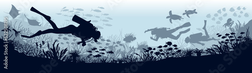 Scuba divers swimming over the coral reef with fishes and marine plants silhouette vector underwater landscape label banner