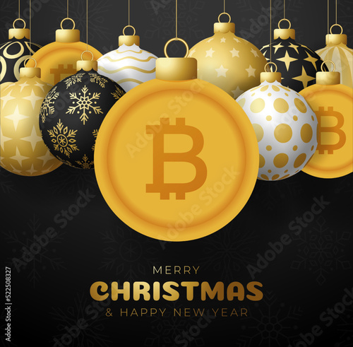 Merry Christmas gold bitcoin symbol banner. bitcoin sign as christmas bauble ball hanging greeting card. Vector image for xmas, finance, new years day, banking, money