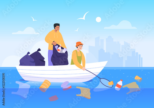 Eco activists picking up trash at sea flat vector illustration. Volunteers boating, catching garbage or waste out of water with net, protecting planet. Ocean pollution, ecology, recycling concept