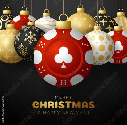 Casino Poker Christmas card set. Merry Christmas sport greeting card. Hang on a thread casino poker red chip as a xmas ball and golden bauble on black background