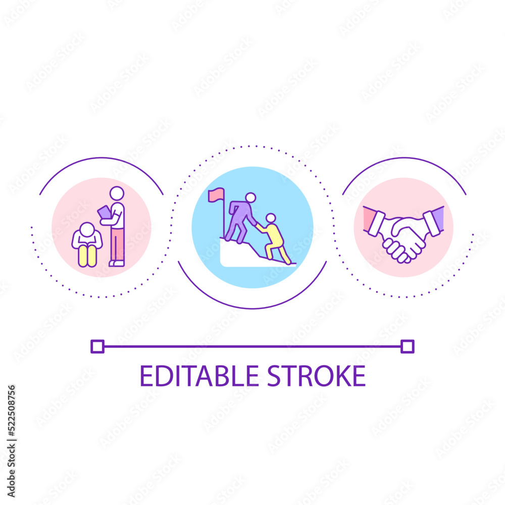 Workplace mentor and mentee relationship loop concept icon. Encouraging progress abstract idea thin line illustration. Achieving goals. Isolated outline drawing. Editable stroke. Arial font used