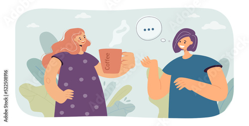 Two female cartoon friends talking while drinking coffee. Women gossiping or discussing life flat vector illustration. Communication, friendship, gossips concept for banner or landing web page