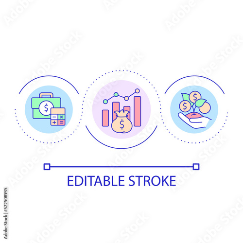 Profit growth loop concept icon. Financial goal. Generating profitability abstract idea thin line illustration. Increasing income. Isolated outline drawing. Editable stroke. Arial font used