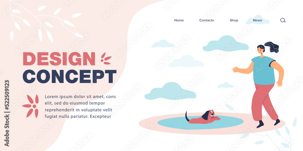 Girl walking with dog in nature flat vector illustration. Happy puppy swimming in pond, owner playing with pet in park. Friendship, care concept for banner, website design or landing web page Girl walking with dog in nature flat vector illustration. Happy puppy swimming in pond, owner playing with pet in park. Friendship, care concept for banner, website design or landing web page