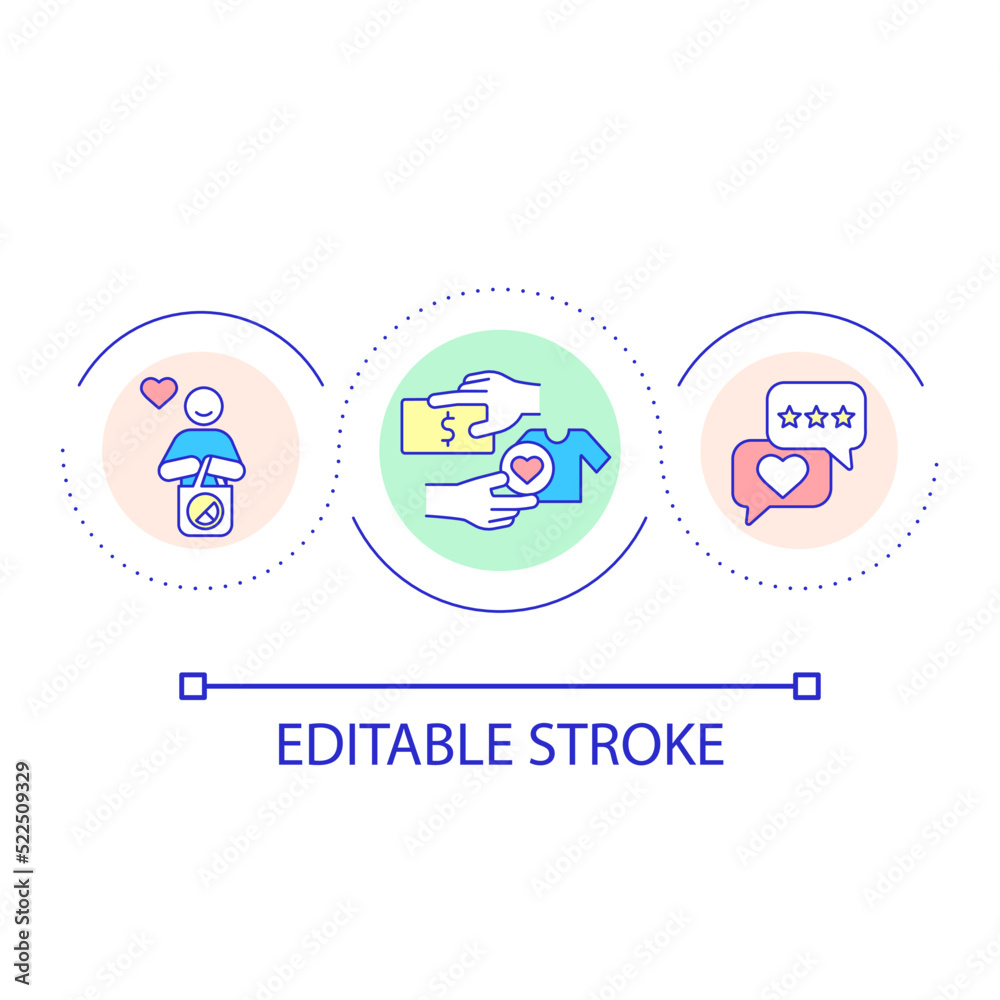 Customer satisfaction with shopping loop concept icon. Retail business abstract idea thin line illustration. Buying fashion related products. Isolated outline drawing. Editable stroke. Arial font used