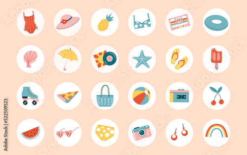 Set of summer highlight covers with 60s, 70s elements for instagram.Flat vector illustration.