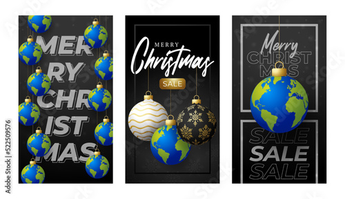 planet earth Christmas ball card. Merry Christmas world greeting card set. Hang on a thread earth planet as a xmas ball bauble on black background. world Vector illustration.