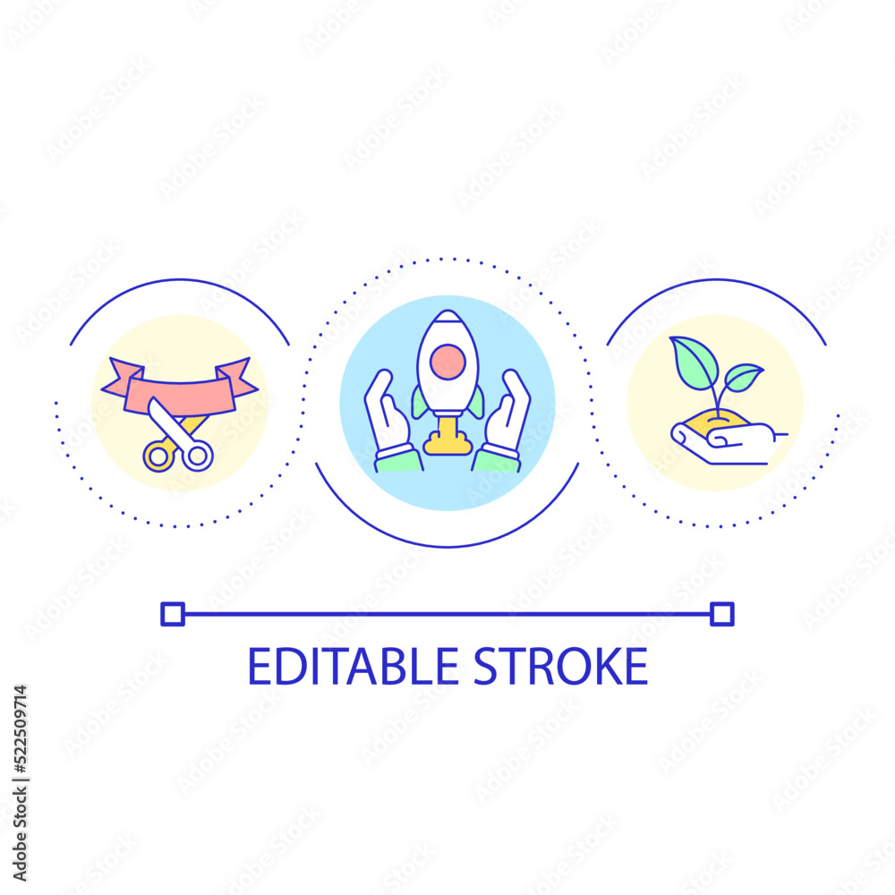 Announcing business startup loop concept icon. Launching new project abstract idea thin line illustration. First time entrepreneur. Isolated outline drawing. Editable stroke. Arial font used