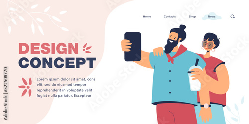 Cheater taking selfie with girlfriend flat vector illustration. Couple taking photo and unrecognizable woman standing in background. Betrayal concept for banner, website design or landing web page