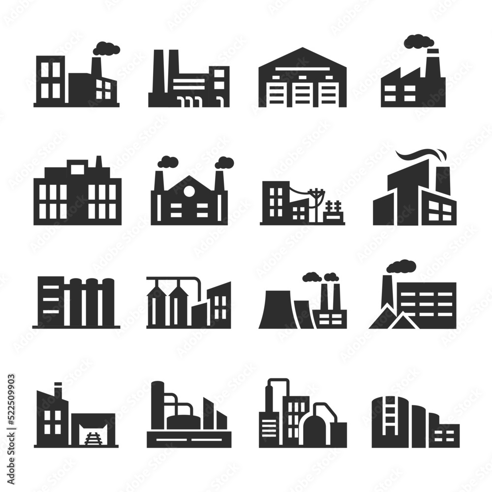 Industrial buildings icons set. A structure for production, storage and processing. Pipe and smoke. Monochrome black and white icon.