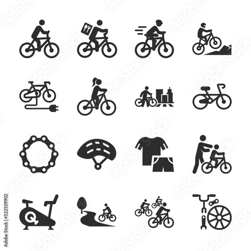 Riding a bicycle icons set. Cycling, racing, downhill, freeride. Tools and equipment for the bike. Monochrome black and white icon.
