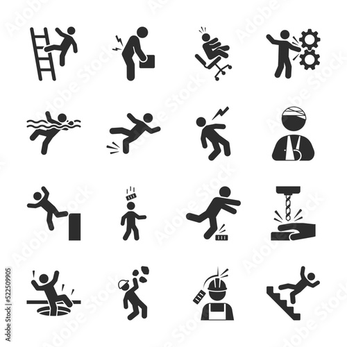 Injuries at work icons set. Warning. Accident, fall and impact. Monochrome black and white icon.