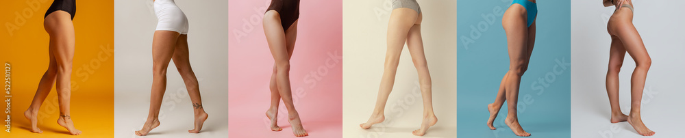 Slender, sportive, short and and long female legs isolated on multicolored background. Collage. Models wearing underwear. Slender, sportive, short and and long female legs isolated on multicolored background. Collage. Models wearing underwear.