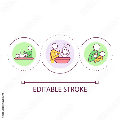 Taking care of newborn baby loop concept icon. First time parent tips abstract idea thin line illustration. Feeding and bathing practice. Isolated outline drawing. Editable stroke. Arial font used