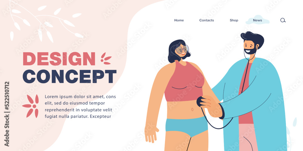 Doctor listening patients heart beating with stethoscope. Therapist examining woman in hospital flat vector illustration. Occupation, healthcare concept for banner, website design or landing web page