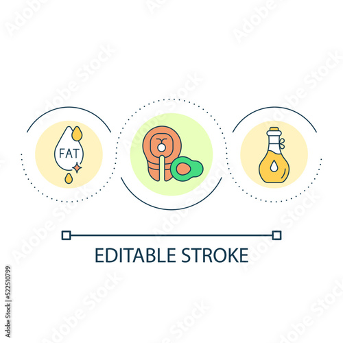 Omega three fatty acid rich foods loop concept icon. Healthy benefits abstract idea thin line illustration. Eating seafood. Olive oil. Isolated outline drawing. Editable stroke. Arial font used