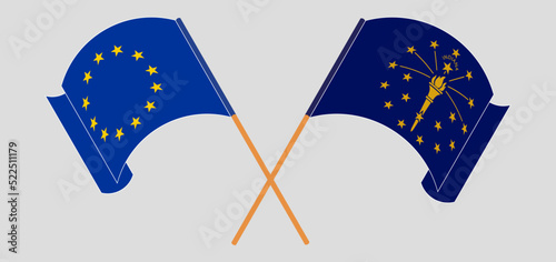 Crossed and waving flags of the European Union and the State of Indiana