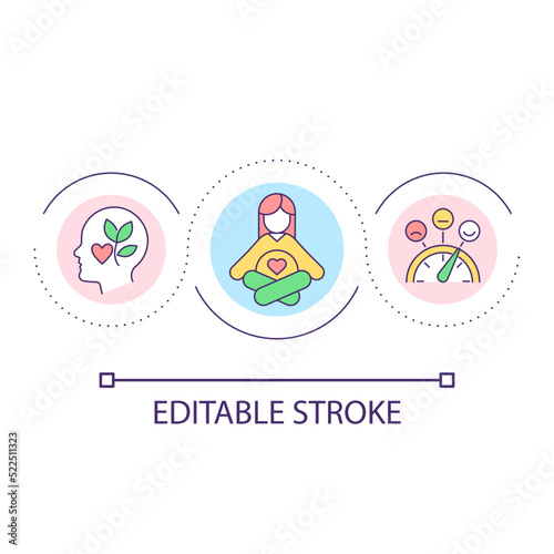 Mental wellbeing loop concept icon. Manage stress abstract idea thin line illustration. Stay calm. Focus on positivity. Boost mental health. Isolated outline drawing. Editable stroke. Arial font used