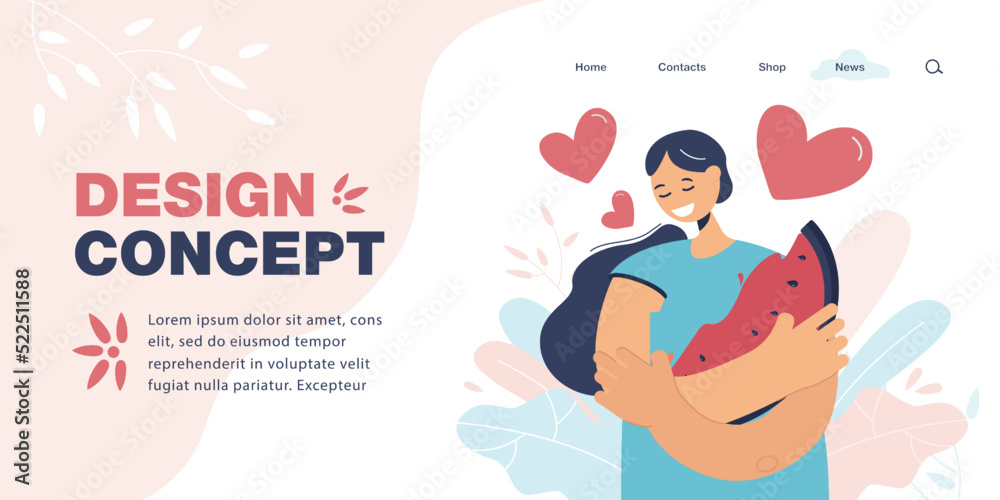 Girl hugging slice of watermelon flat vector illustration. Happy young woman with hearts under her head eating her favorite summer fruit. Food concept for banner, website design or landing web page Girl hugging slice of watermelon flat vector illustration. Happy young woman with hearts under her head eating her favorite summer fruit. Food concept for banner, website design or landing web page