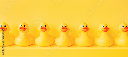 Fotografia Banner yellow rubber ducks in a line toy design shelf decor
