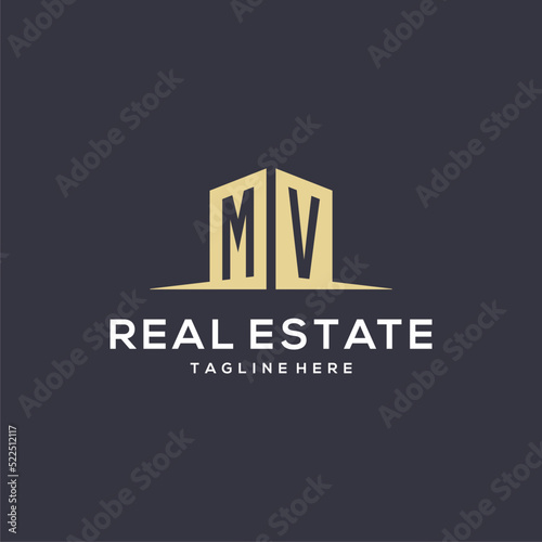 Monogram MV logo for construction with simple building shape icon design photo