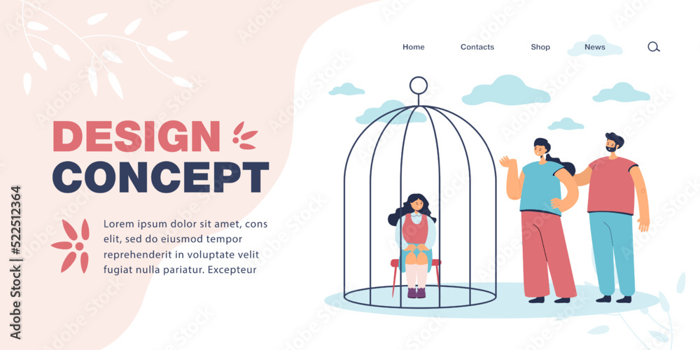 Daughter sitting in cage for bad deed flat vector illustration. Mother and father punishing kid for misbehaving. Parenthood, discipline, family concept for banner, website design or landing web page Daughter sitting in cage for bad deed flat vector illustration. Mother and father punishing kid for misbehaving. Parenthood, discipline, family concept for banner, website design or landing web page
