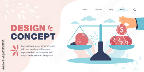 Coins and lightbulb on scales flat vector illustration. Evaluating value of creative idea. Balance between startup project and finance. Money concept for banner, website design or landing web page
