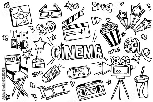 Hand drawn doodle movie set. Cinema theater and film making accessories. Symbols collection of popcorn, video tape, camera, clapperboard and director chair isolated on white background.