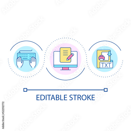 Digital writing skills loop concept icon. Content creation abstract idea thin line illustration. Copywriting job. Digital literacy. Isolated outline drawing. Editable stroke. Arial font used