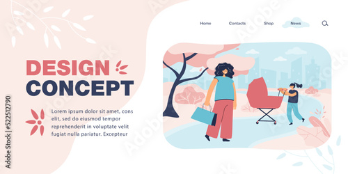 Elder sister wheeling baby carriage with mother. Parent and kid walking with newborn baby in park flat vector illustration. Help, love, family concept for banner, website design or landing web page