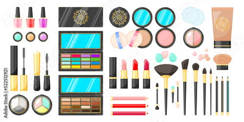 Different makeup products cartoon illustration set. Packages of decorative cosmetics, lipstick, mascara, eyeshadow, tinting cream, brushes, blush, powder, other womens stuff. Skin care, beauty concept